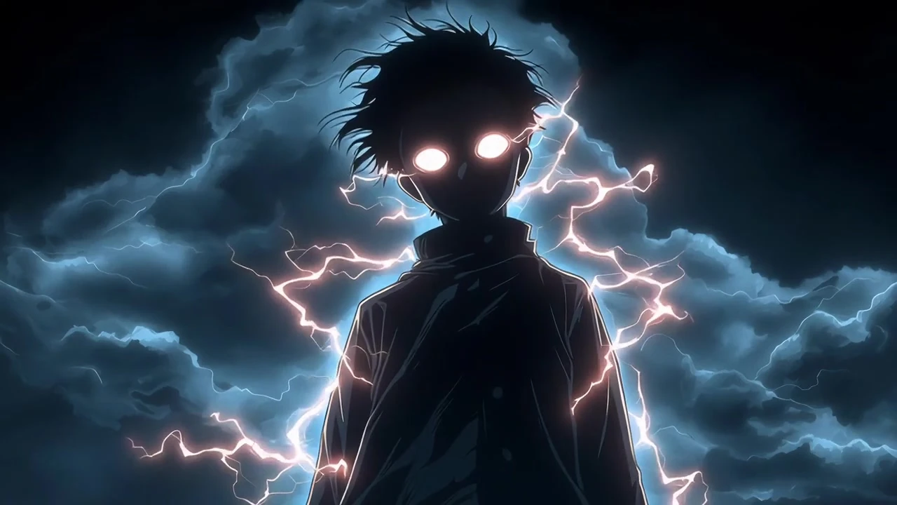 Anime-style silhouette with glowing eyes surrounded by electric energy and storm clouds