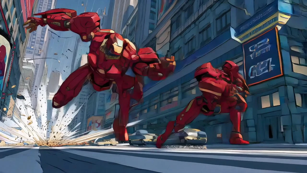 Large red armored mecha figures moving through an anime city street