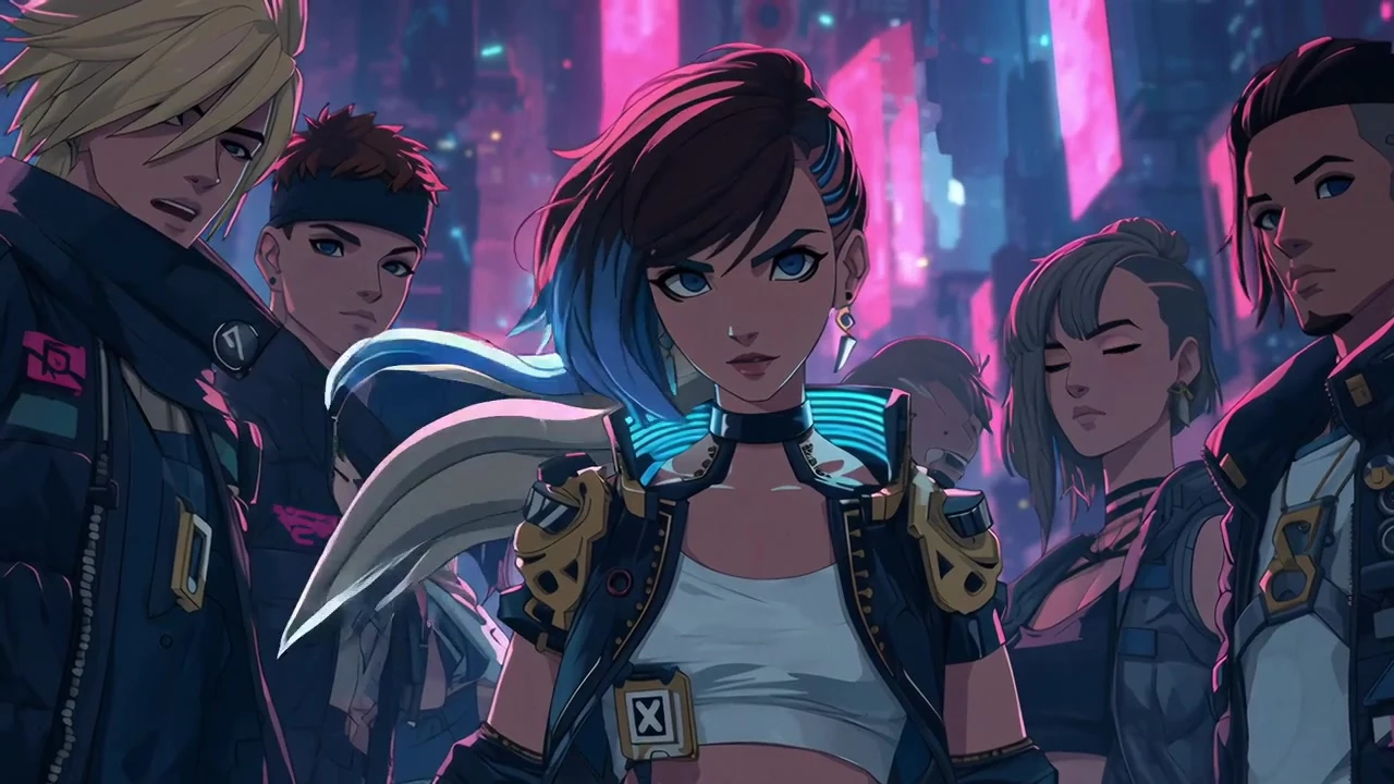 Cyberpunk anime team posed under blue and magenta city lighting