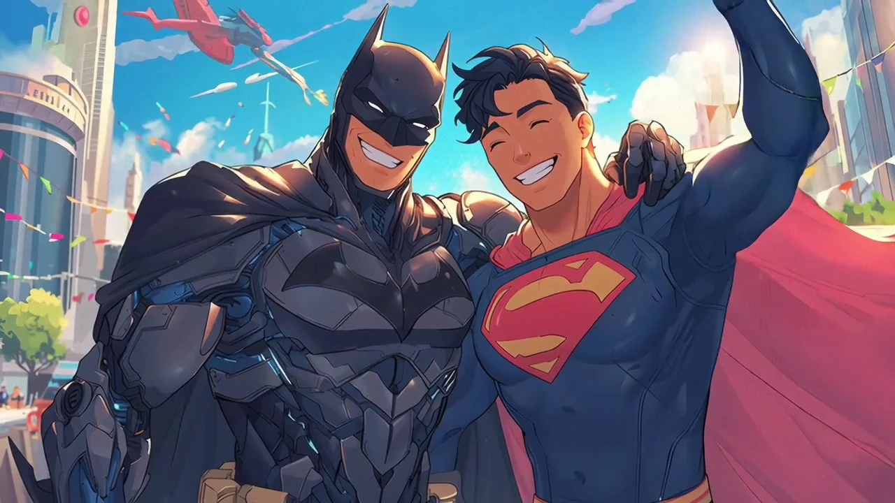 Two superhero figures smiling together in a colorful anime-style city scene