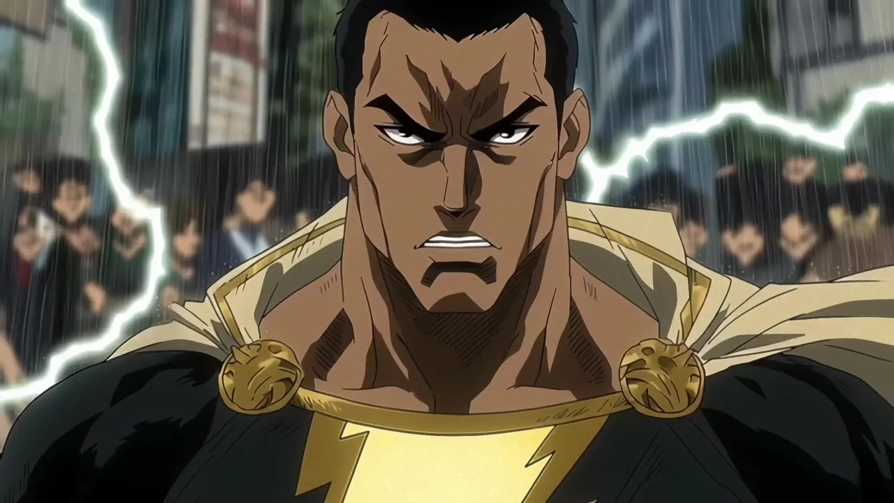 Anime-style muscular antihero framed by electrical energy and a dark crowd