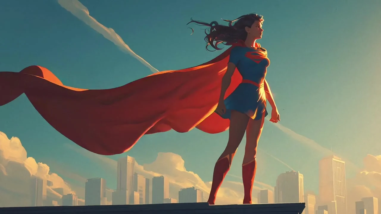 Cape-wearing anime heroine standing above a city skyline at sunset