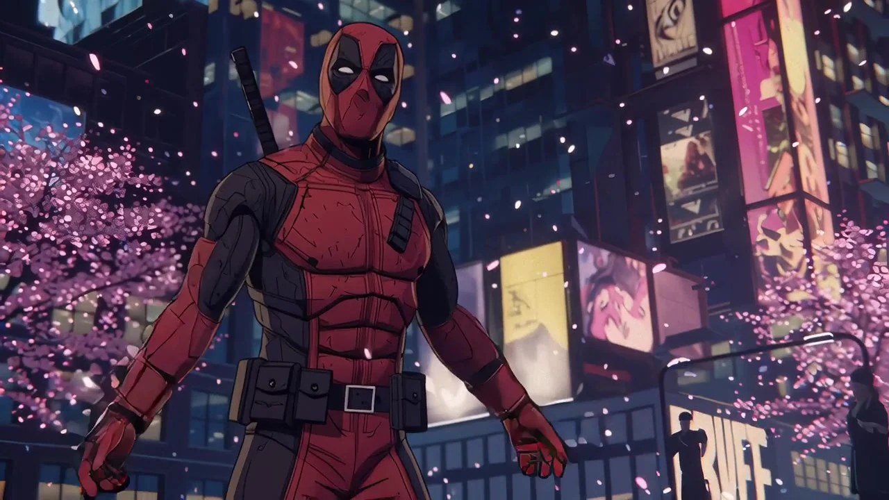 Masked red-and-black antihero standing in a neon-lit anime city