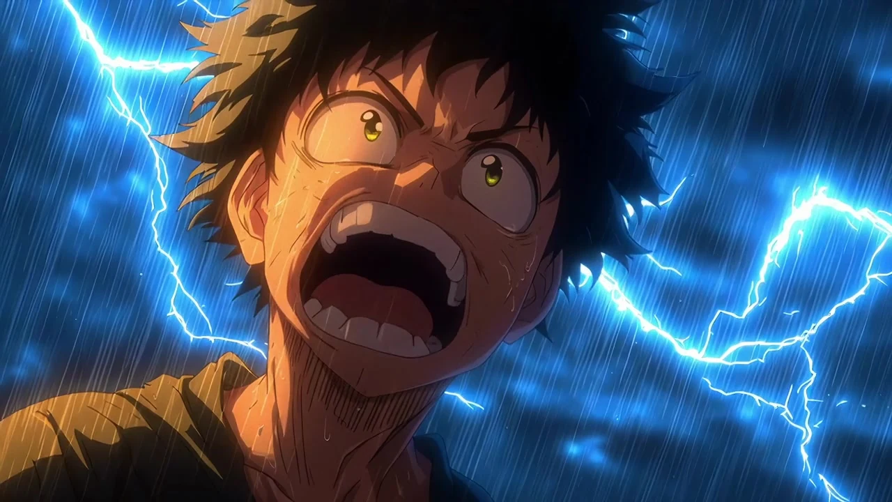 Anime character shouting during a blue lightning power-up close-up