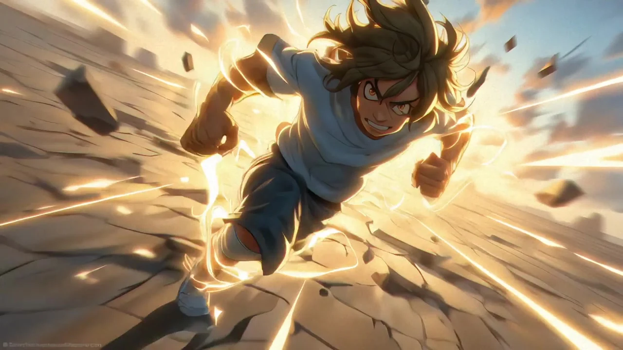 Anime hero sprinting forward through debris and golden energy