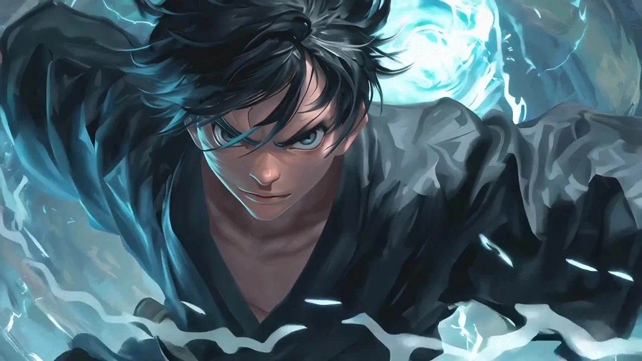 Dark-haired anime protagonist surrounded by flowing blue-white energy