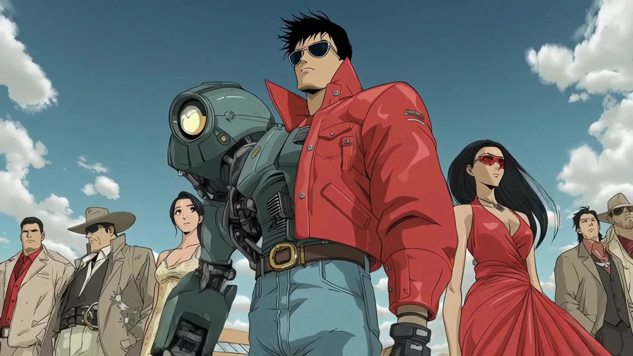 Retro-futurist anime characters and a robot gathered beneath a bright sky