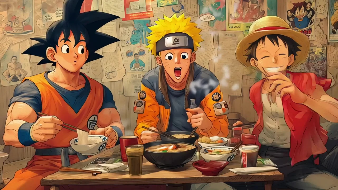 Three classic shōnen-inspired heroes sharing food at a restaurant table