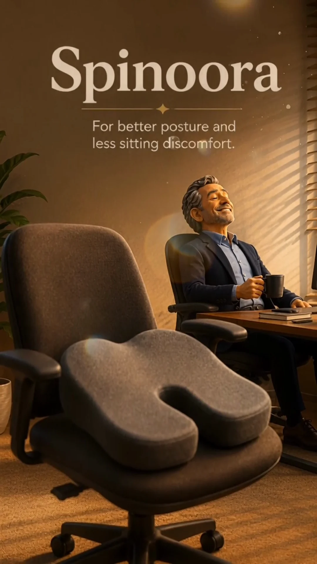 Spinoora claymation-style seat-cushion product end card with an office worker seated comfortably in the background