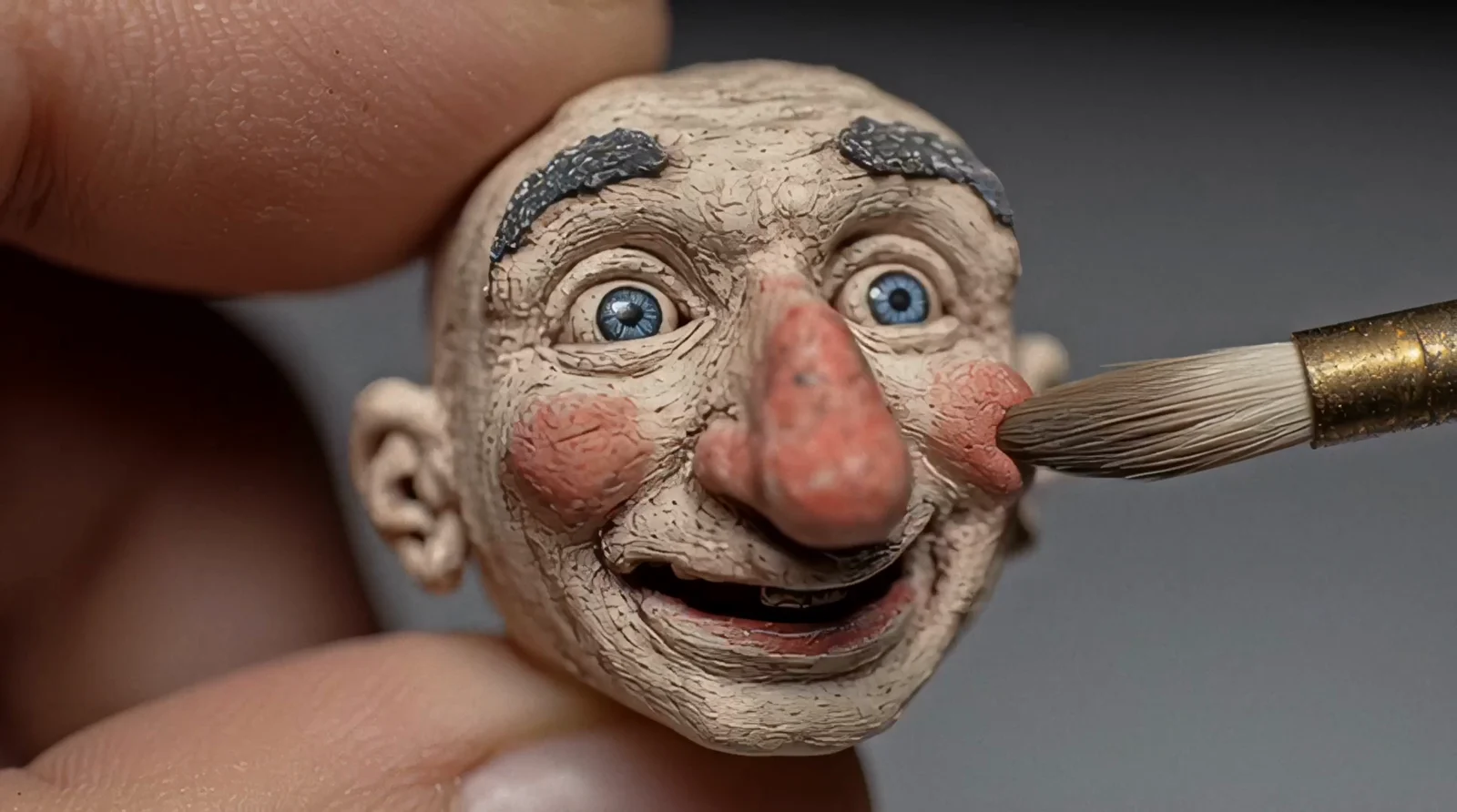 Close-up of a sculpted clay character being painted by hand
