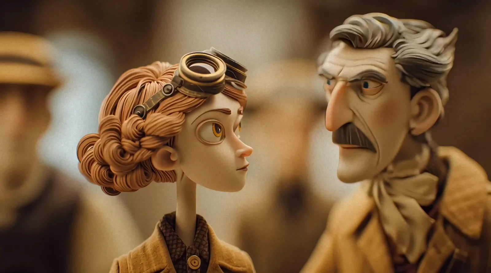 Claymation-style aviator woman and stern male character in a miniature cinematic setting