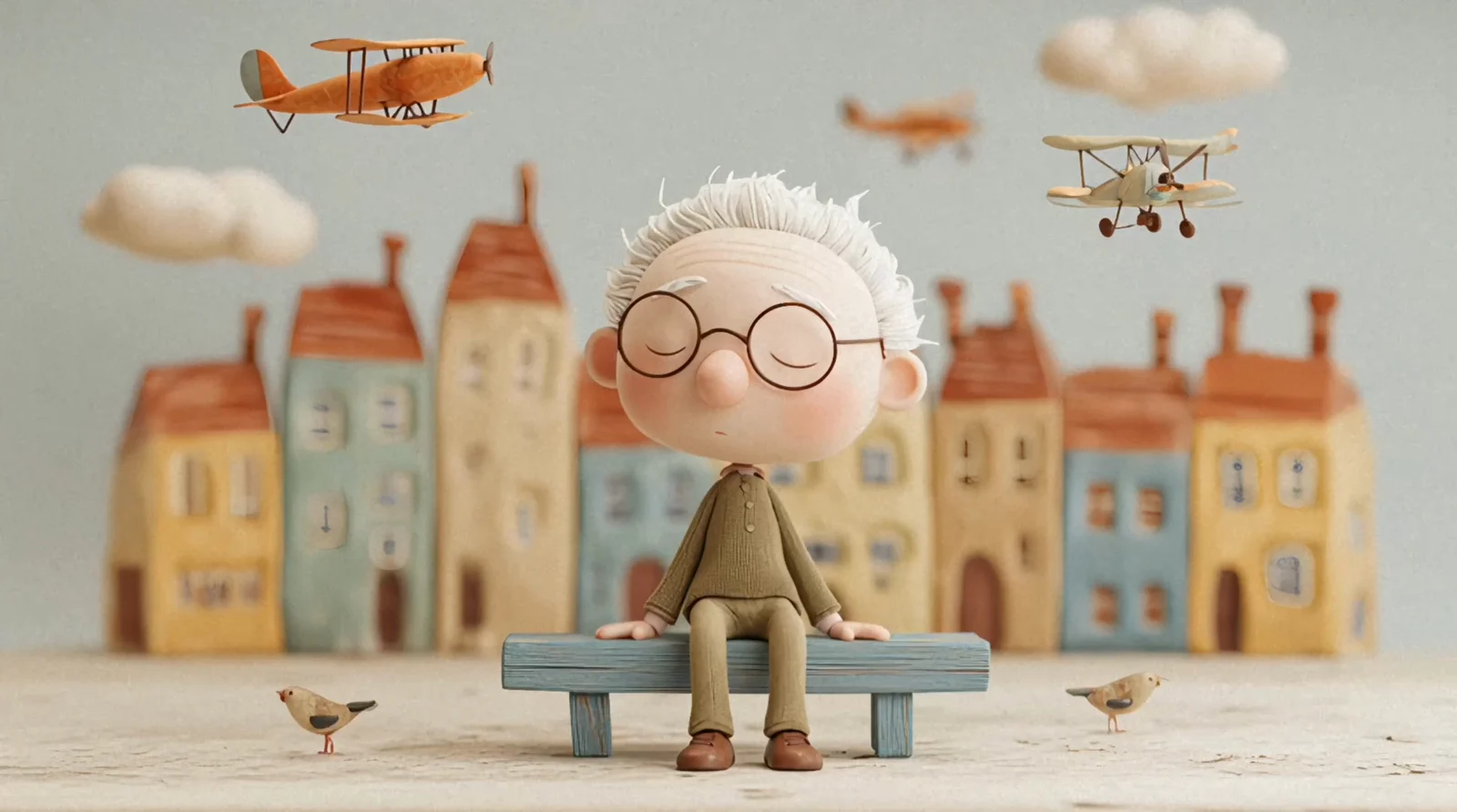 Whimsical elderly clay character seated on a bench in a miniature town
