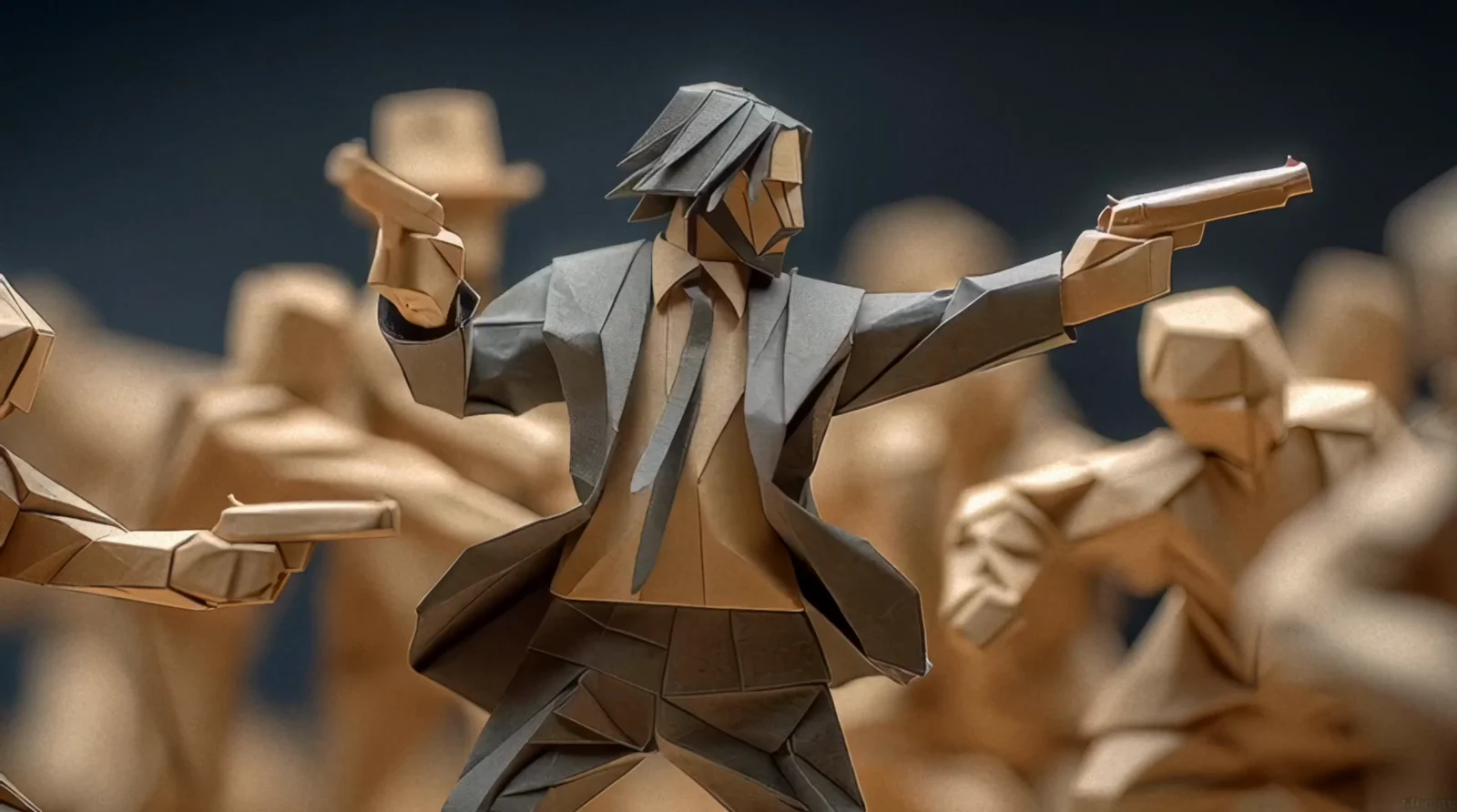 Low-poly stop-motion-inspired action scene with stylized figures