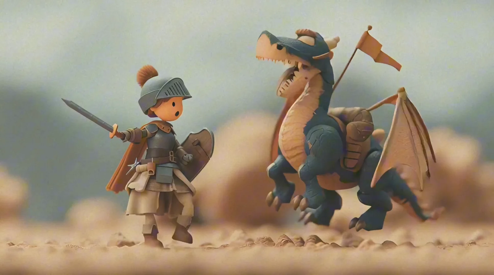 Claymation-style knight standing beside a small dragon in a miniature fantasy scene