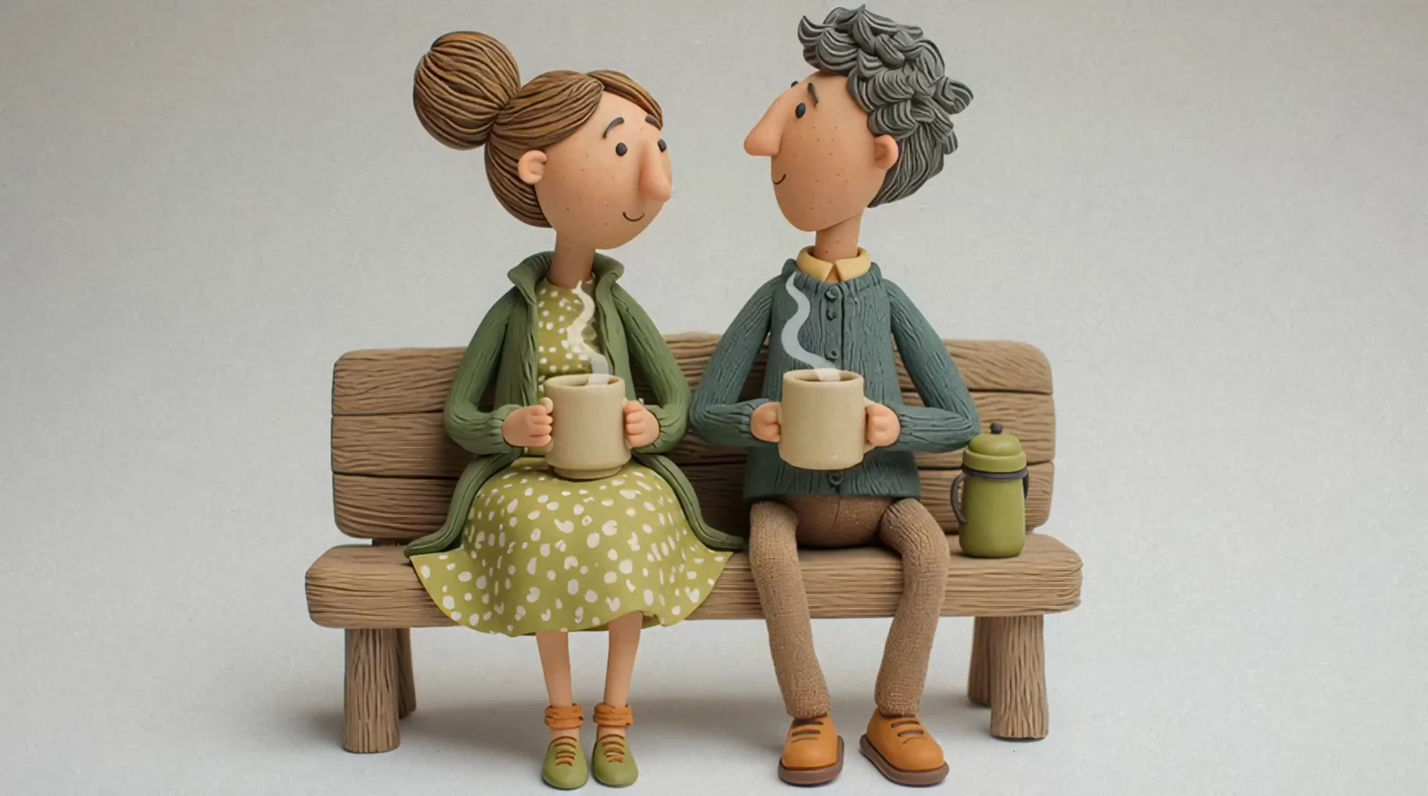 Claymation-style elderly couple seated together on a bench