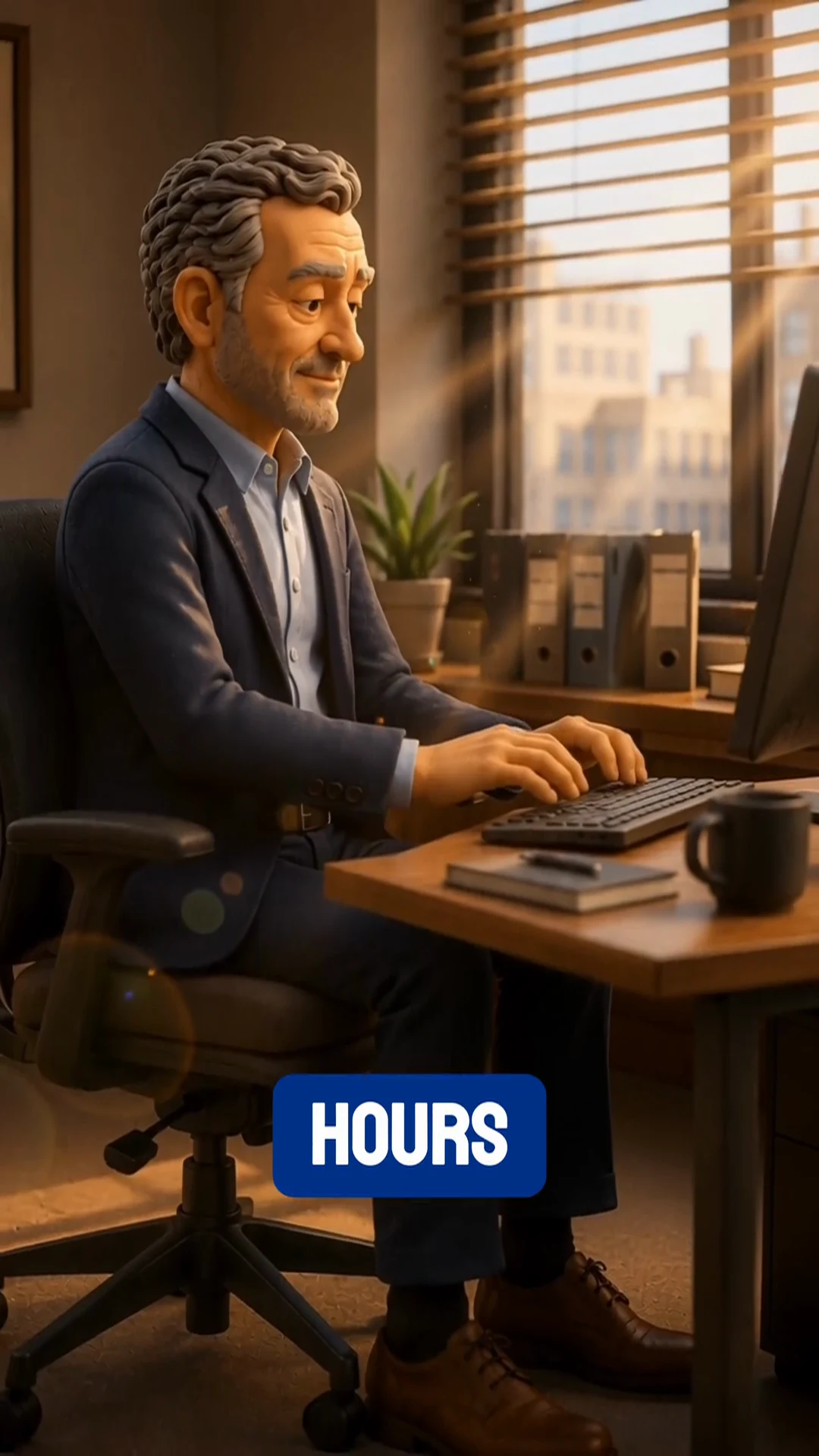 Claymation-style office worker seated at a desk at the beginning of the Spinoora ad concept