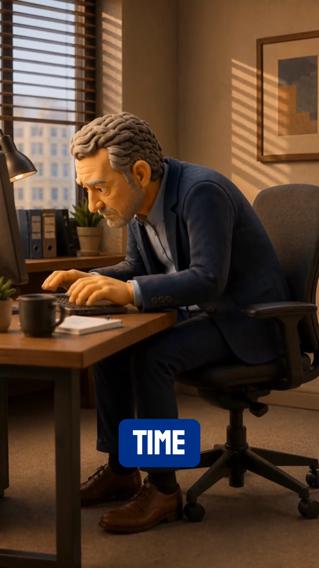 Office character leaning forward during a prolonged workday in the Spinoora product-ad concept