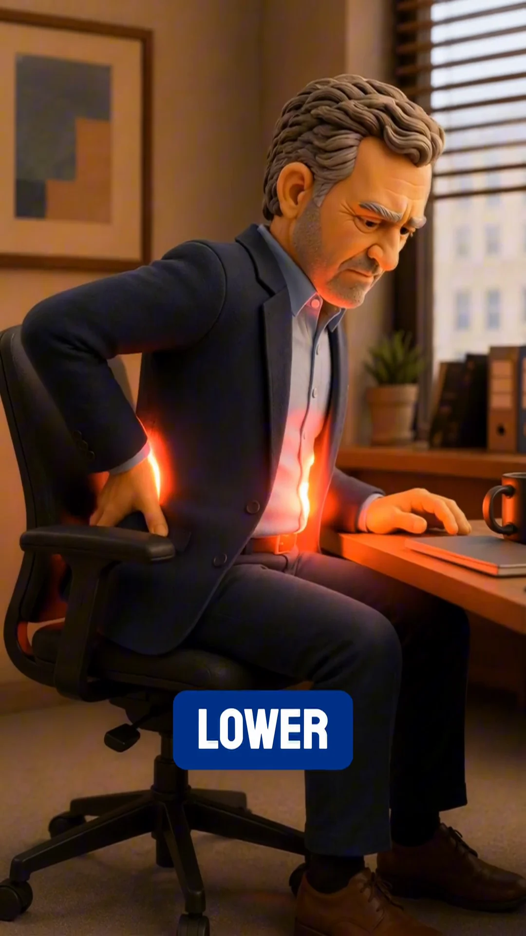 Claymation-style office character holding his lower back with a red visual emphasis