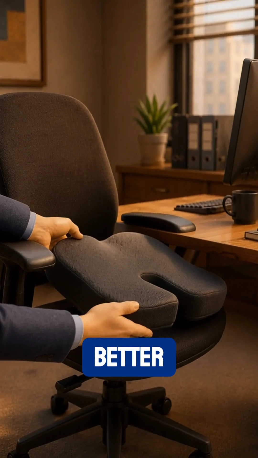 Hands placing the Spinoora U-shaped seat cushion on an office chair