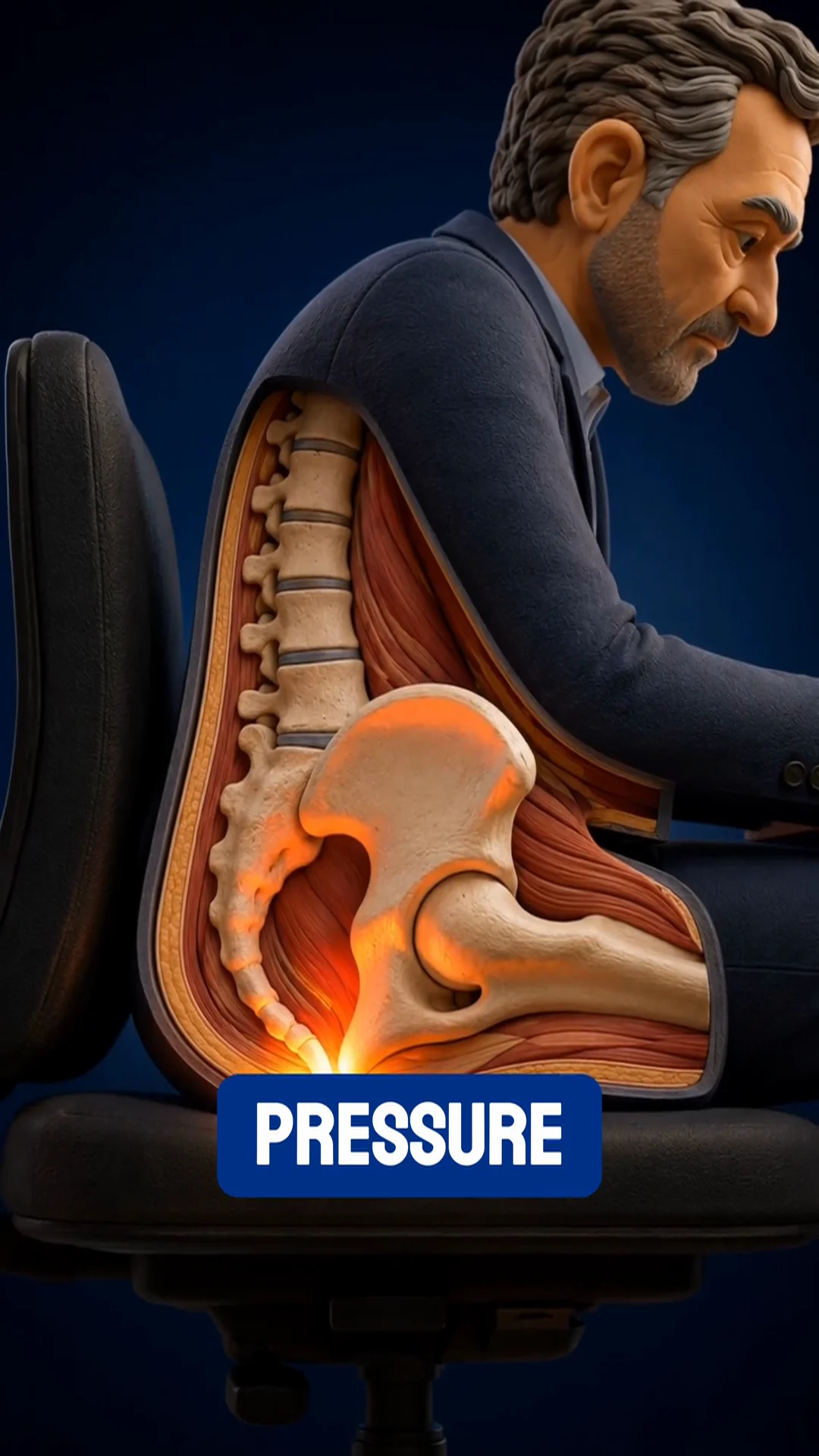 Stylized anatomical cutaway showing the pelvis and seat-pressure area in the Spinoora ad