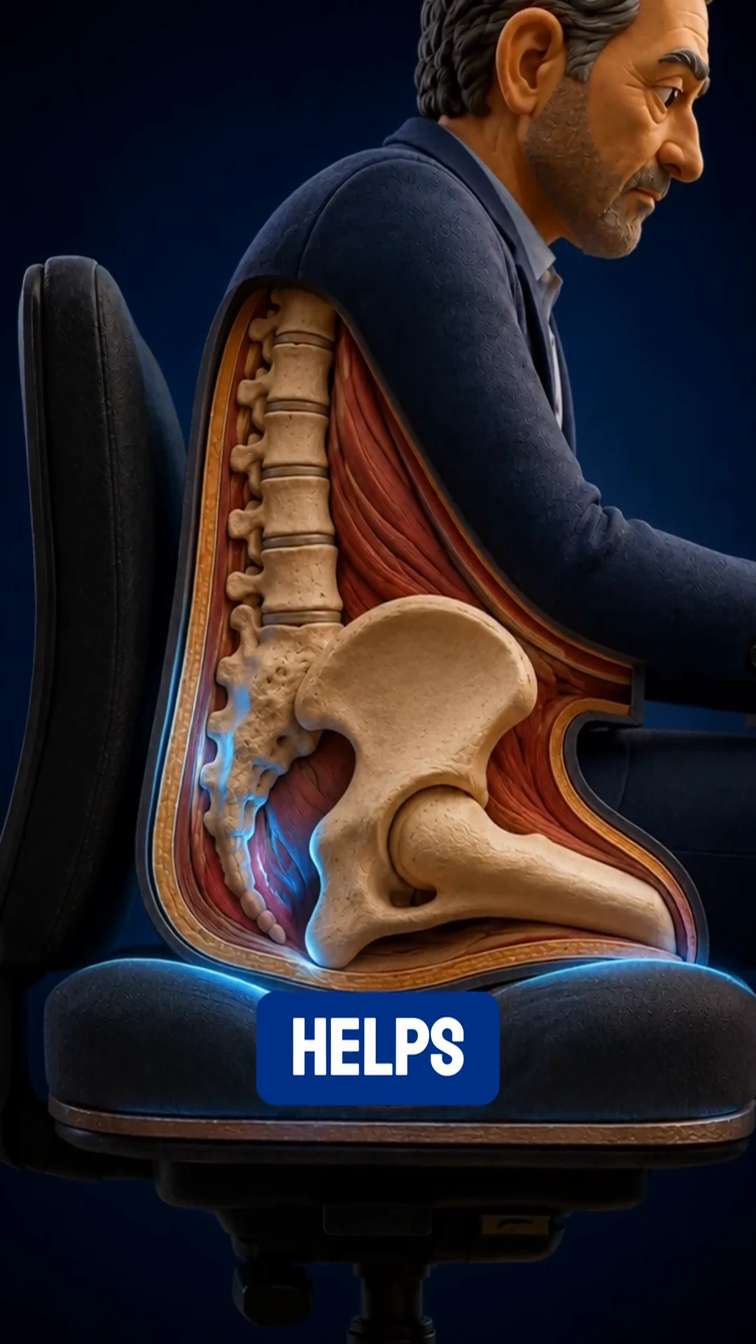 Stylized side cutaway showing a seated character and the cushion-support area highlighted in blue