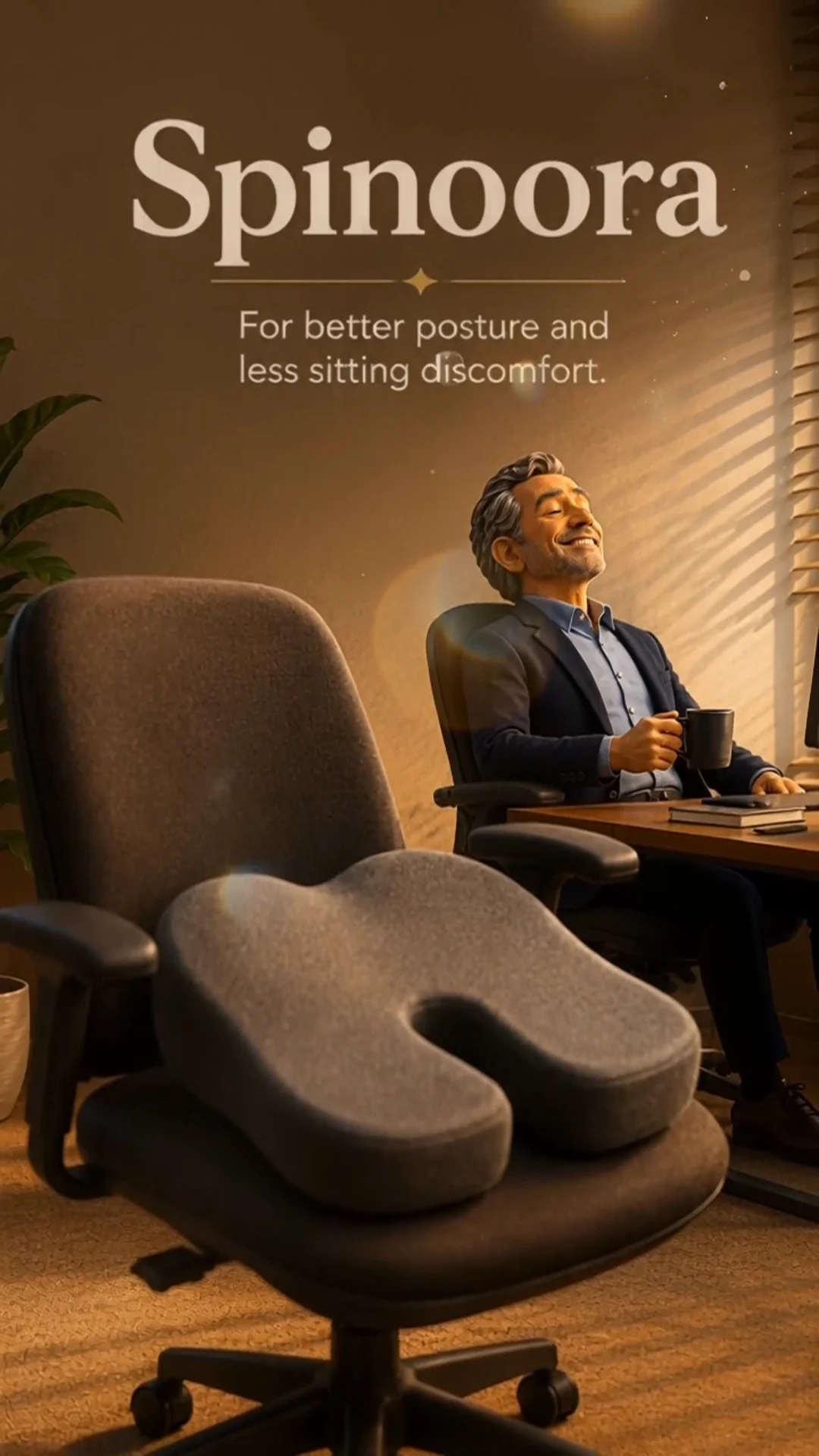 Spinoora product end card showing the seat cushion, brand name, and a relaxed office worker