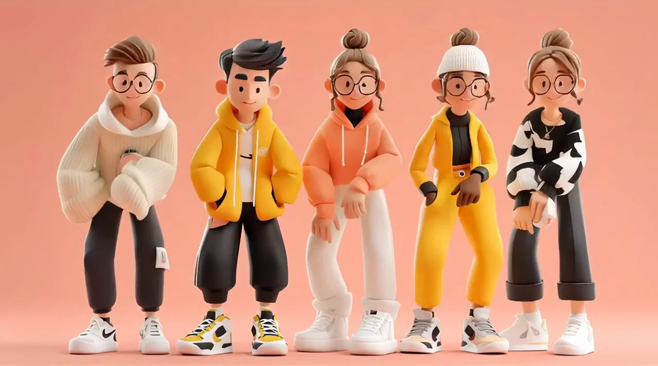 Five original stylized streetwear characters posed together against a warm background