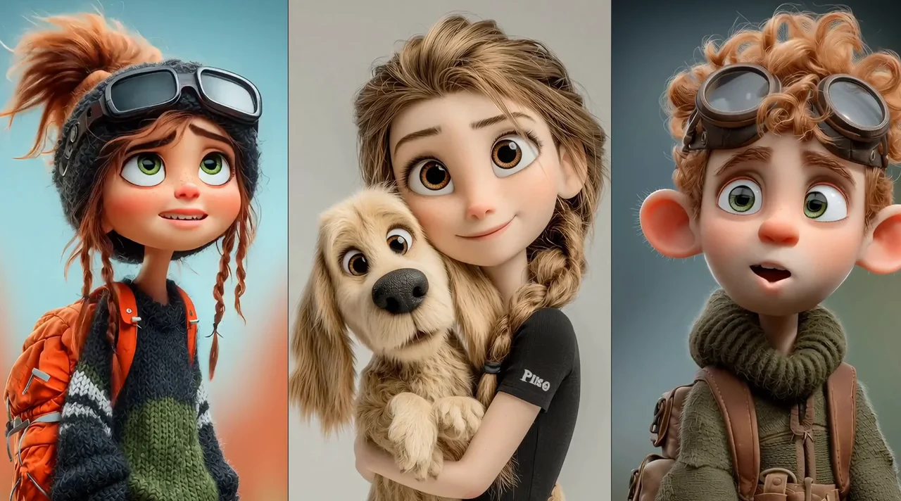 Three original stylized 3D character portraits featuring an adventurer, a young woman holding a dog, and a red-haired explorer