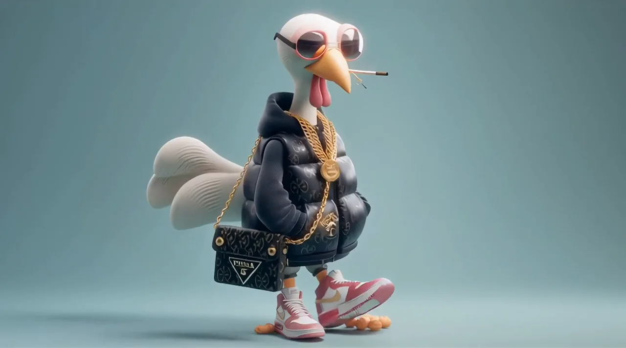 Stylized fashion bird character wearing a puffer jacket and sneakers