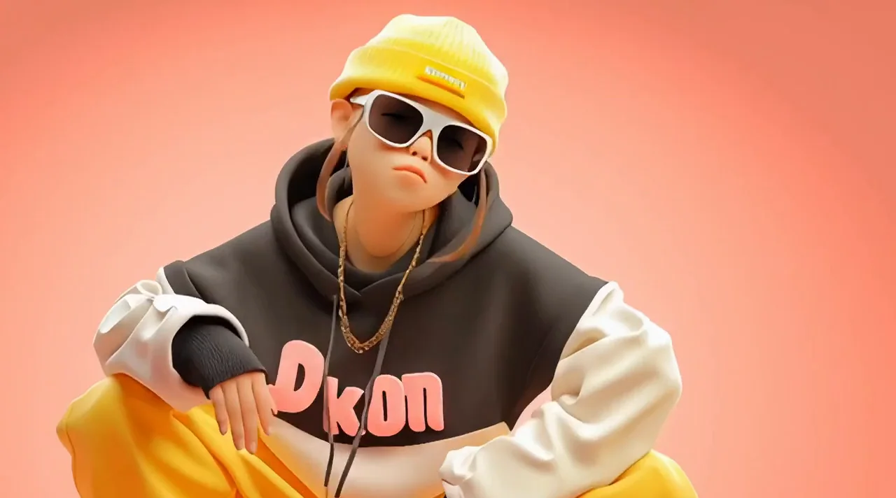 Stylized streetwear youth wearing a yellow beanie and layered hoodie
