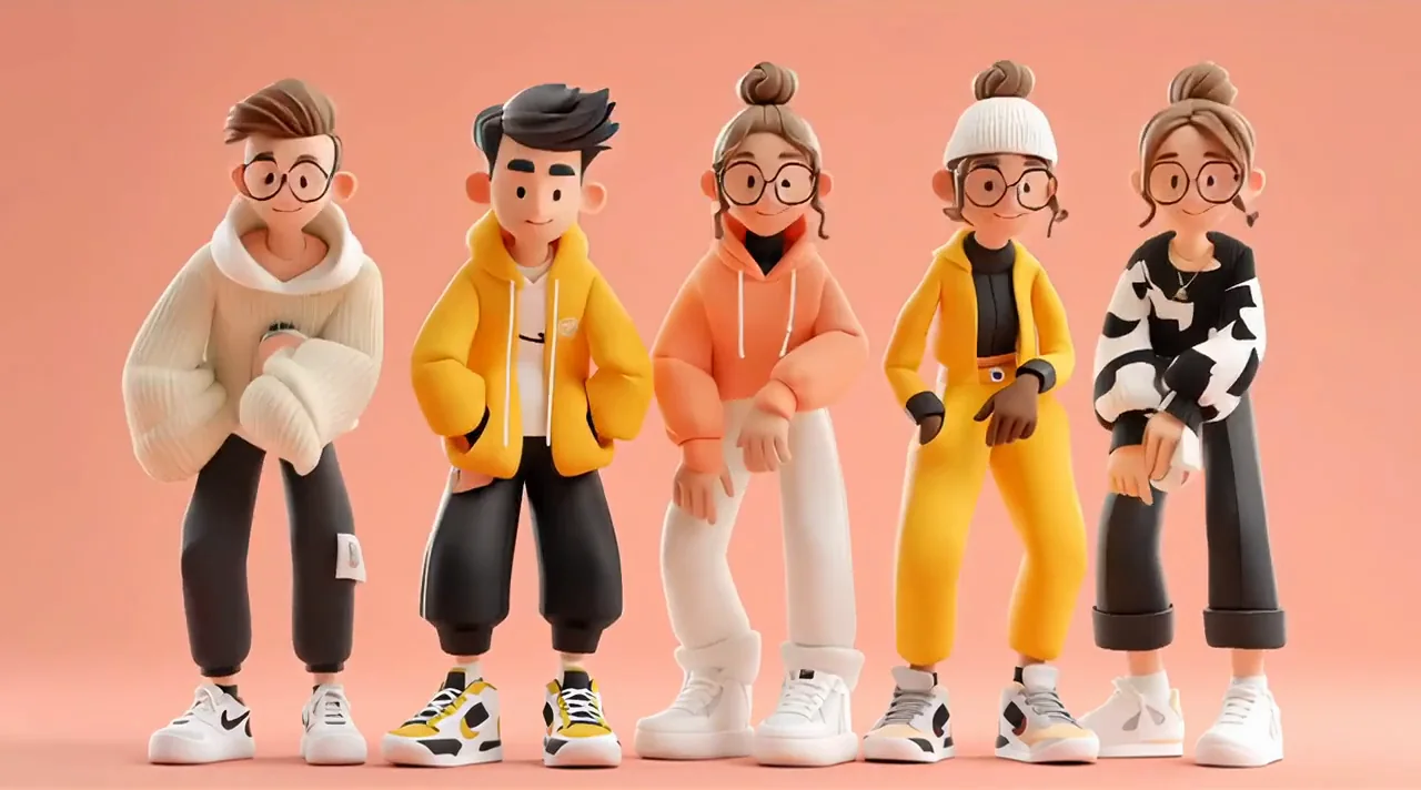 Five original stylized streetwear characters standing in a lineup