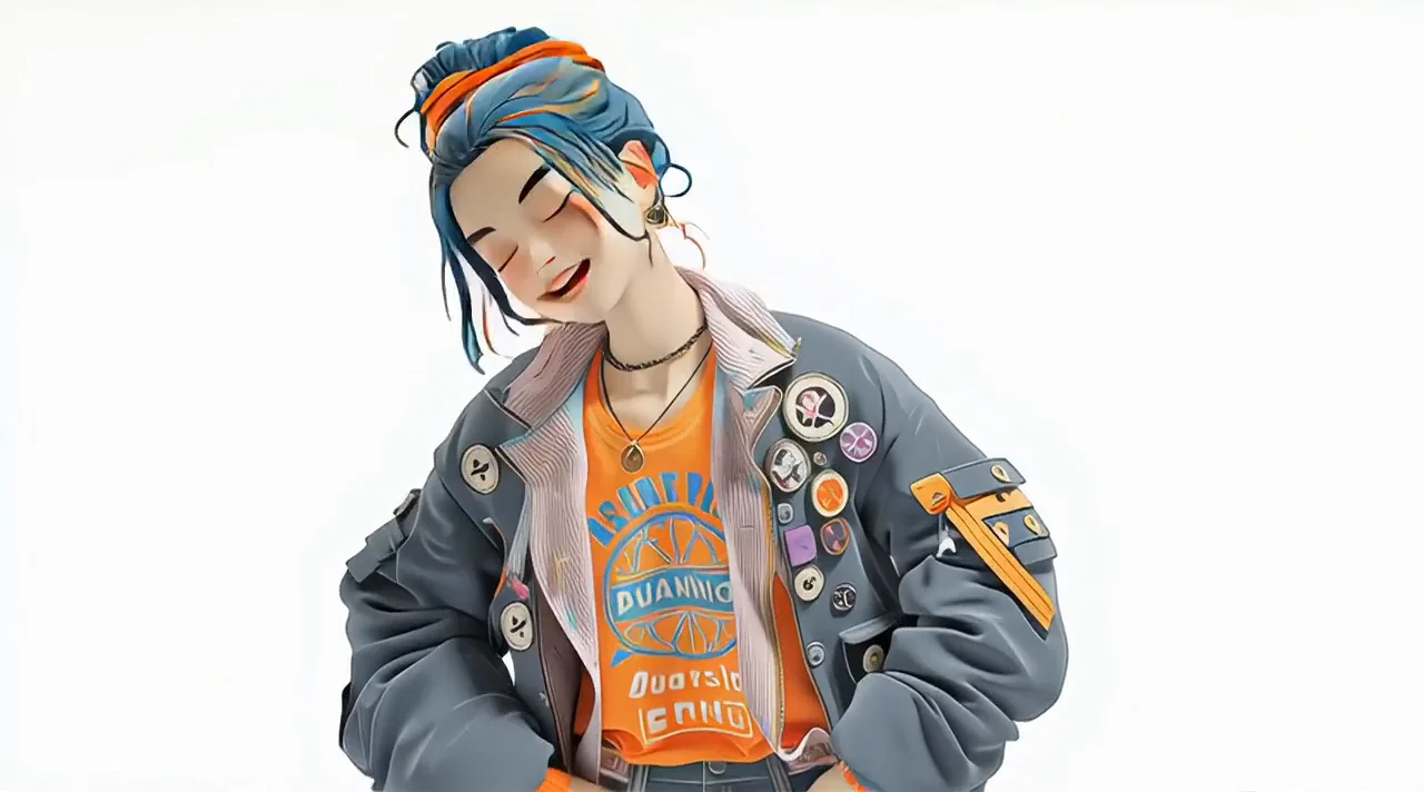 Stylized music and fashion character with colorful hair and a graphic jacket
