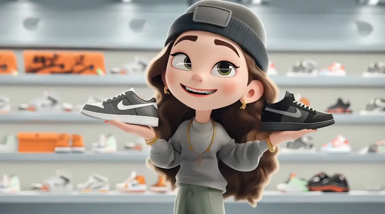 Stylized sneaker-store creator holding two shoes in a retail setting