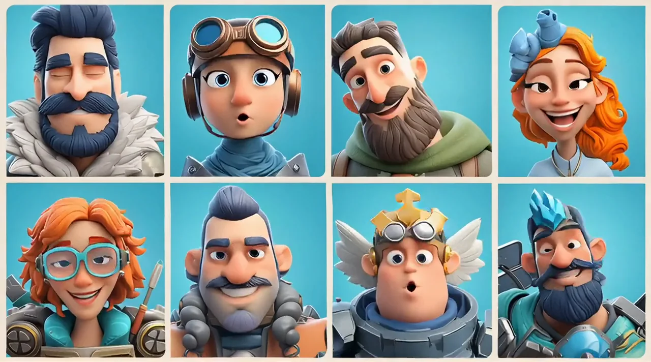 Grid showing eight stylized character expressions and identities
