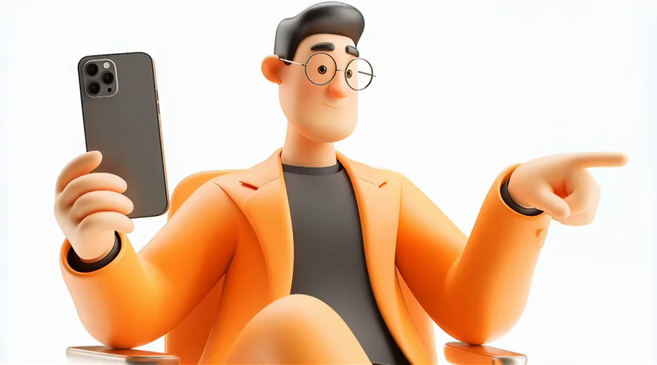 Stylized creator wearing an orange suit and holding a phone