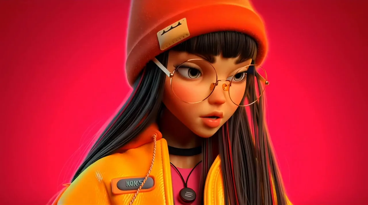 Stylized red-beanie fashion character against a red background