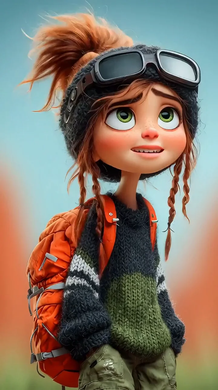 Stylized adventure girl with goggles, backpack, and red jacket