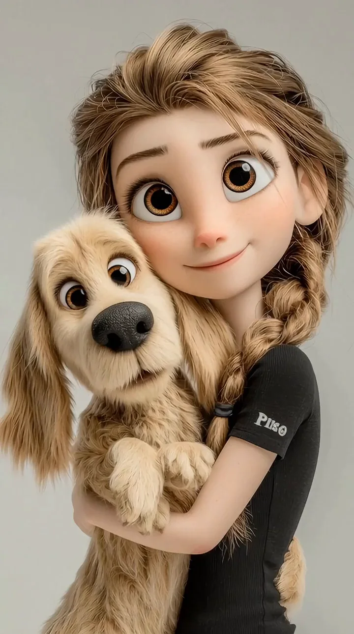 Stylized young woman holding a dog in a close portrait composition