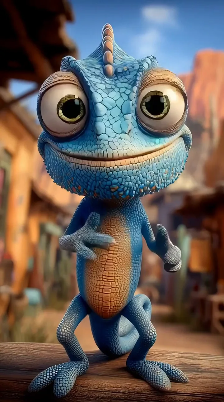 Small blue fantasy lizard character in a vertical composition