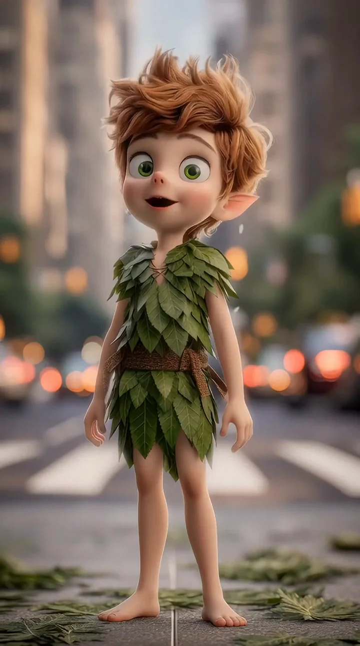 Leaf-clad stylized child character standing in a city