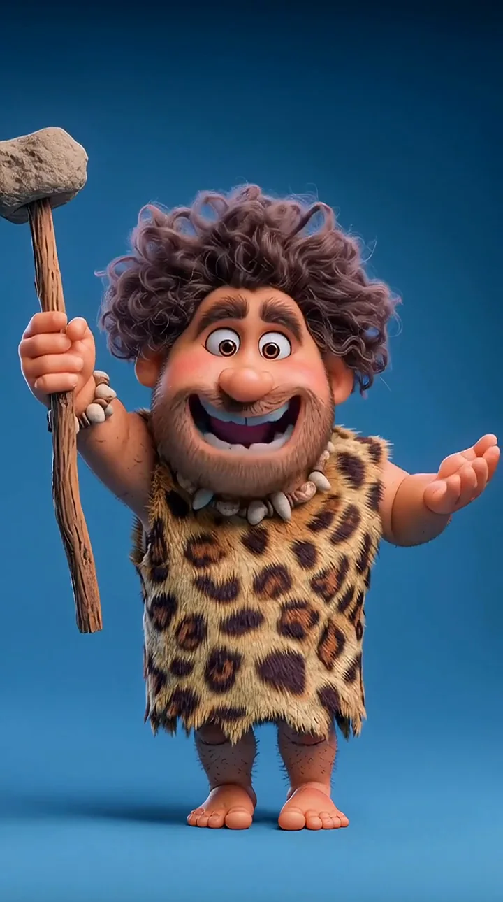 Cheerful stylized prehistoric character holding a club