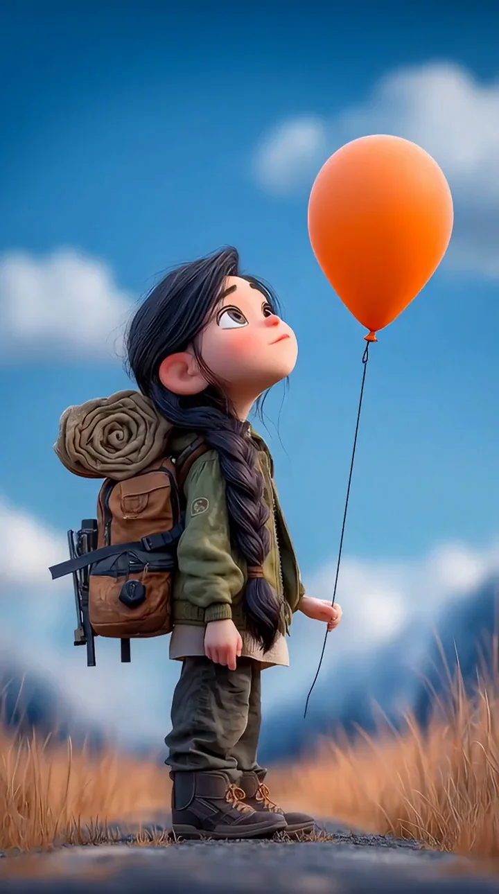 Young stylized traveler holding an orange balloon