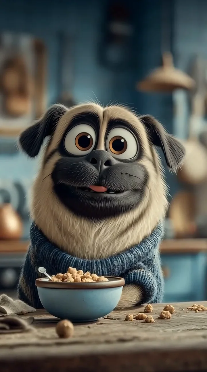 Expressive stylized pug character seated at a table