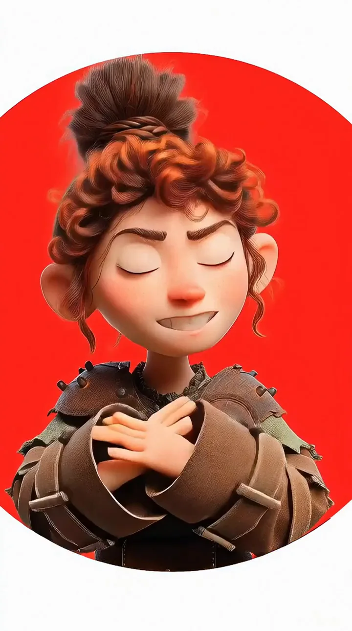Red-haired stylized character holding a hand to the chest