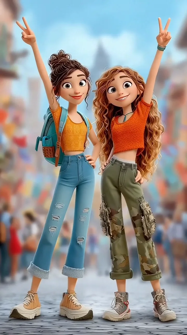 Two stylized young friends celebrating together