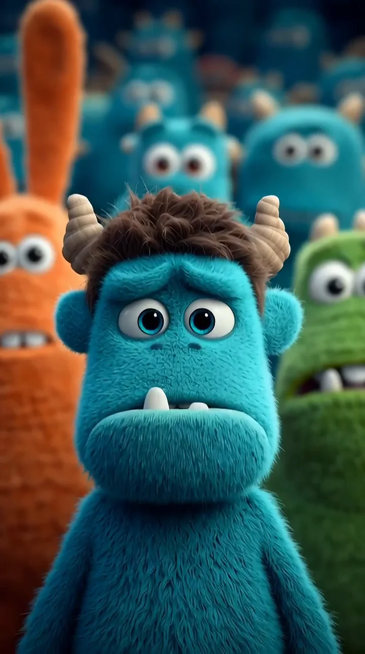 Blue furry stylized creature standing in a crowd