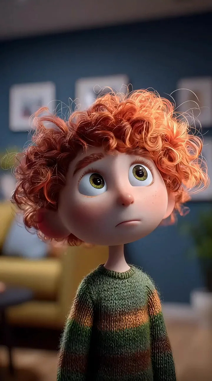 Red-haired stylized child looking upward in a quiet portrait scene