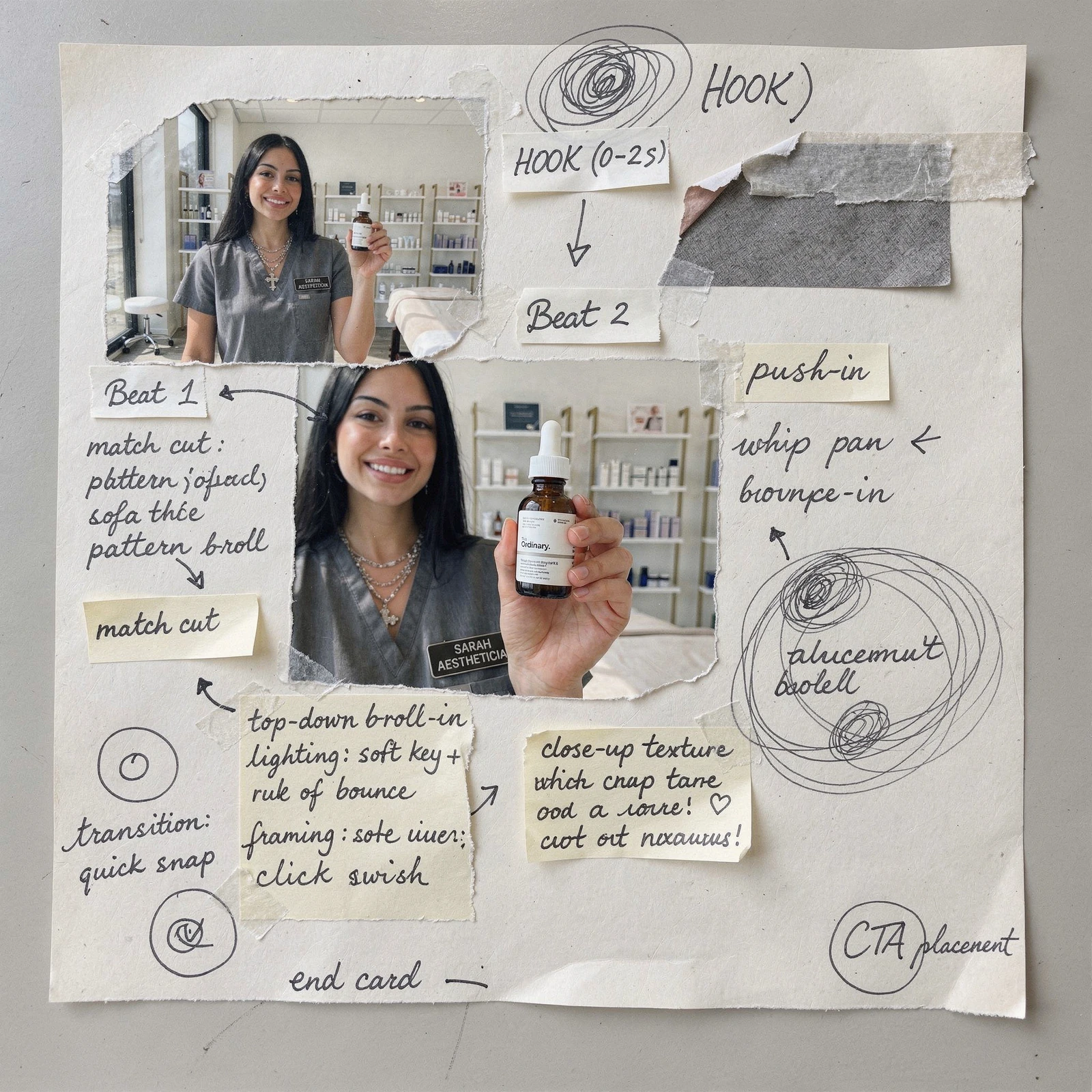 Tactile pre-production moodboard for an AI skincare UGC video showing the creator, product, hook, shot beats, transitions, and CTA planning