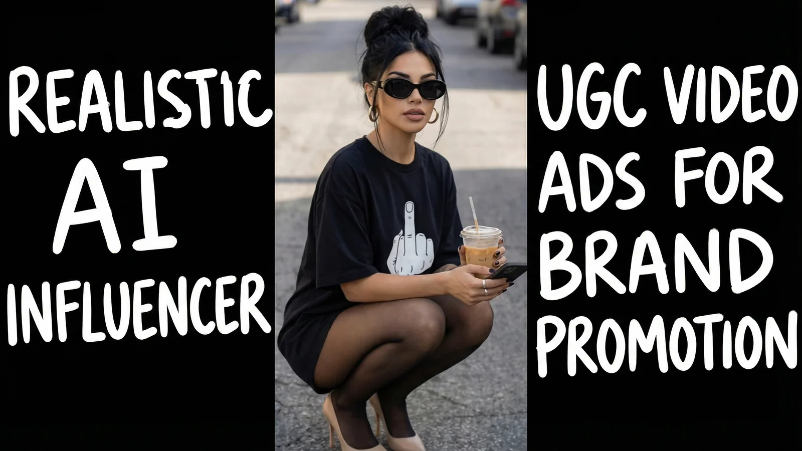 Promotional graphic showing a realistic AI influencer holding iced coffee between the headline Realistic AI Influencer and UGC Video Ads for Brand Promotion