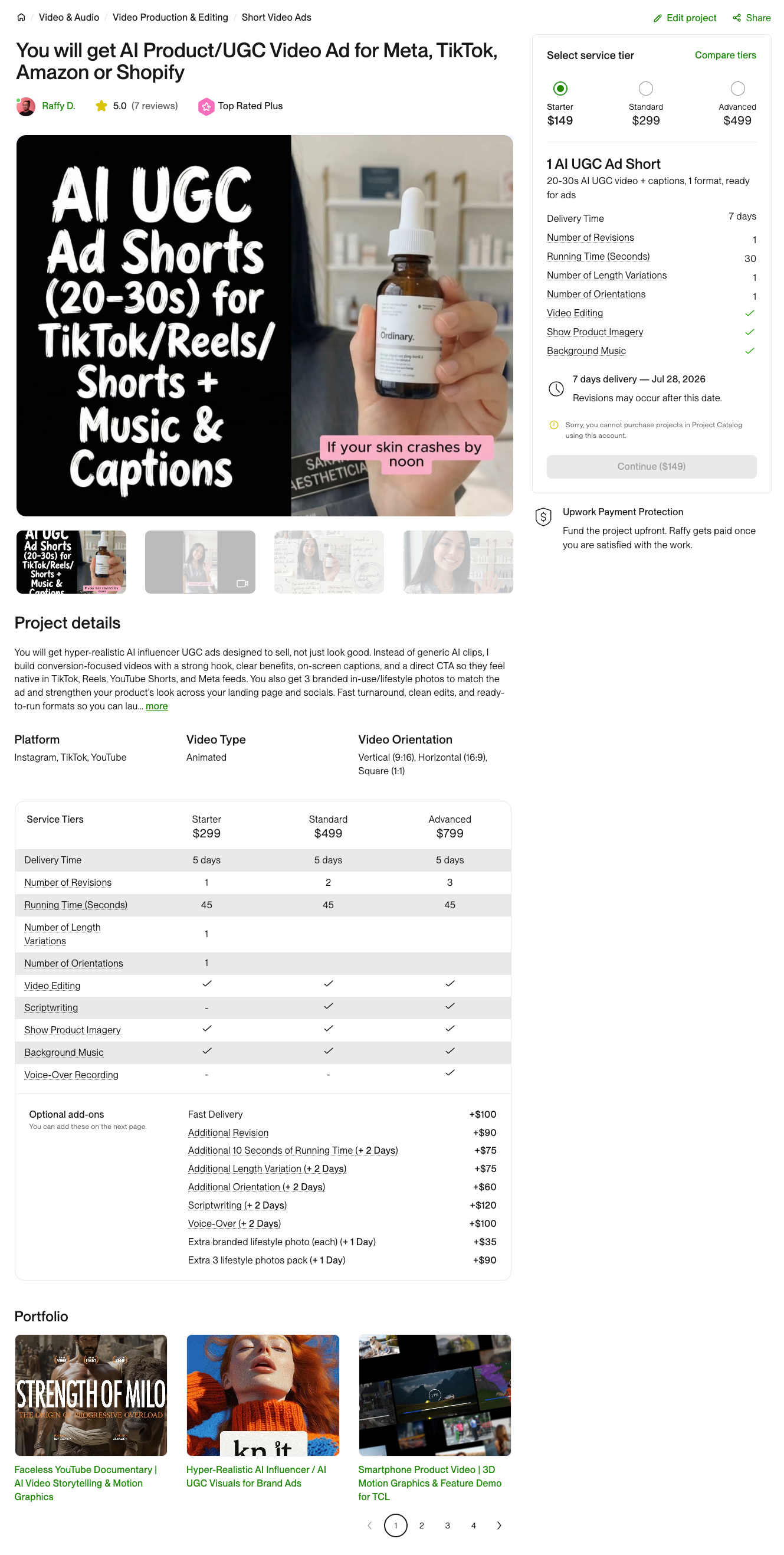 Upwork Project Catalog listing for AI product and UGC video ads for Meta, TikTok, Amazon, and Shopify